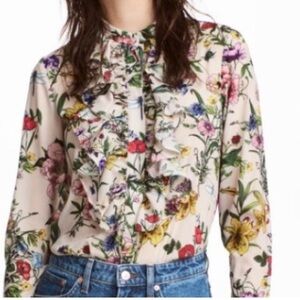 Women’s H&M frilled blouse in plumeti chiffon white floral blouse button size 10